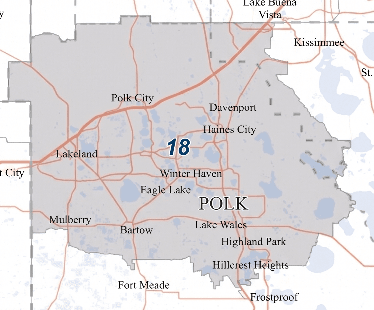 2026 Florida Congressional District 18 map showing central and north Polk County and a small portion of Osceola County